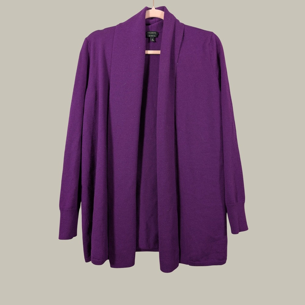 Talbots Cardigan Women Medium Purple Merino Wool Open Front Shawl Collar Sweater